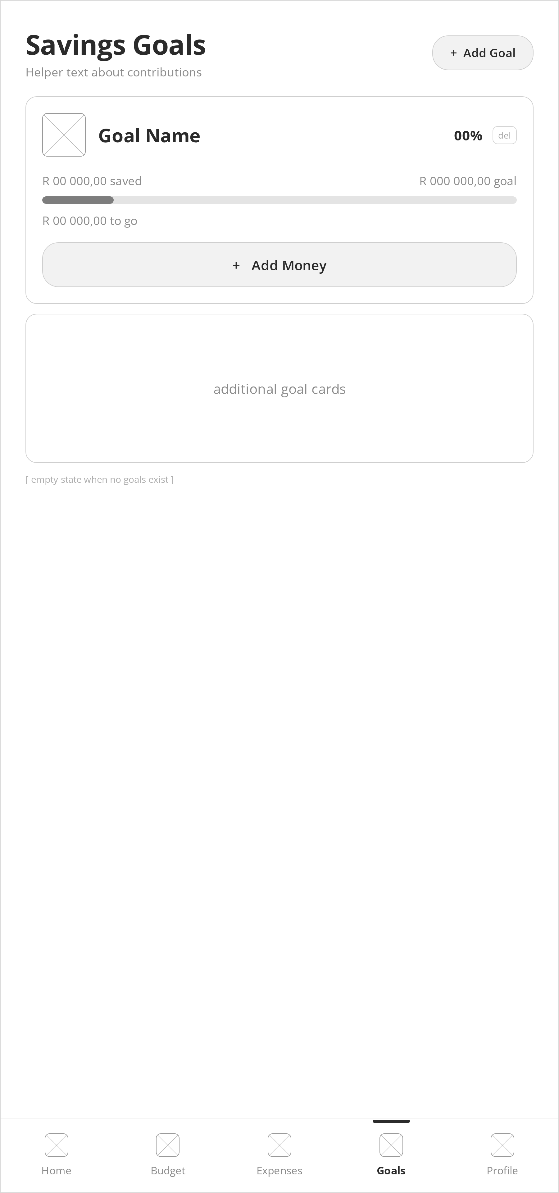 Wireframe of the Crest goals screen showing savings targets